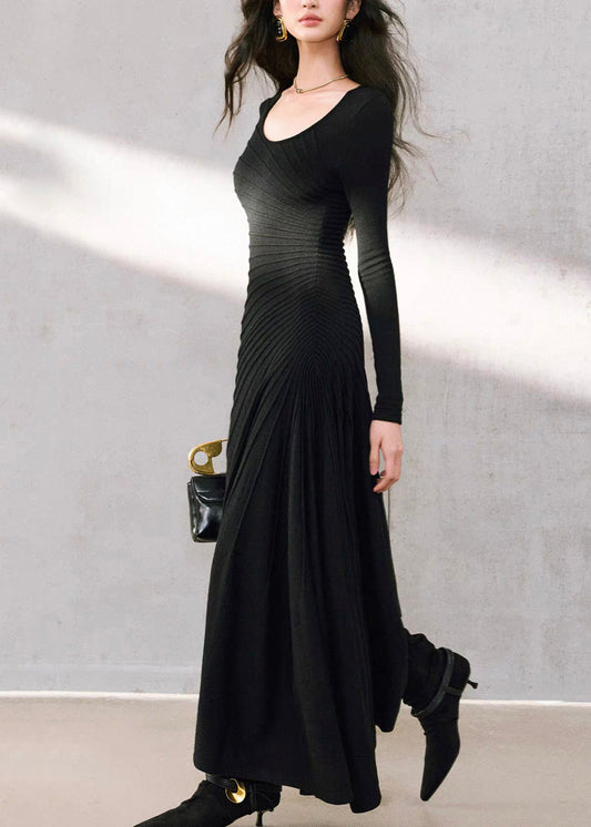 Black Wrinkled Slim Solid Long Fishtail Dress Spring