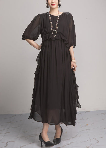 Black Wrinkled Solid Chiffon Long Dresses O Neck Summer
