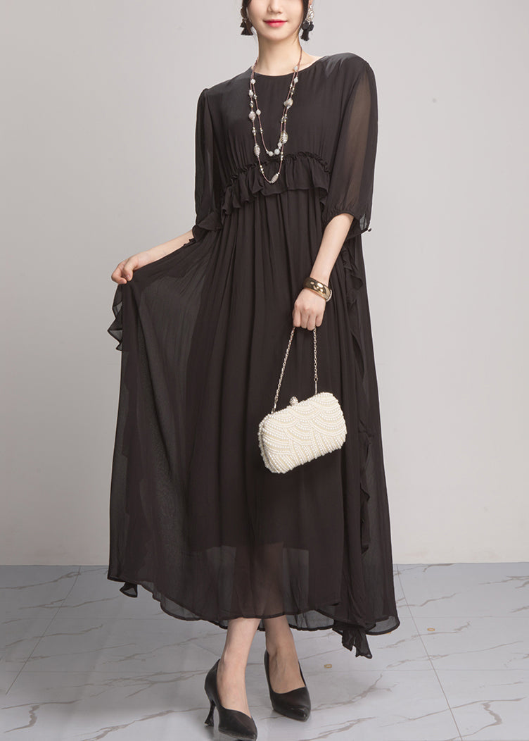 Black Wrinkled Solid Chiffon Long Dresses O Neck Summer