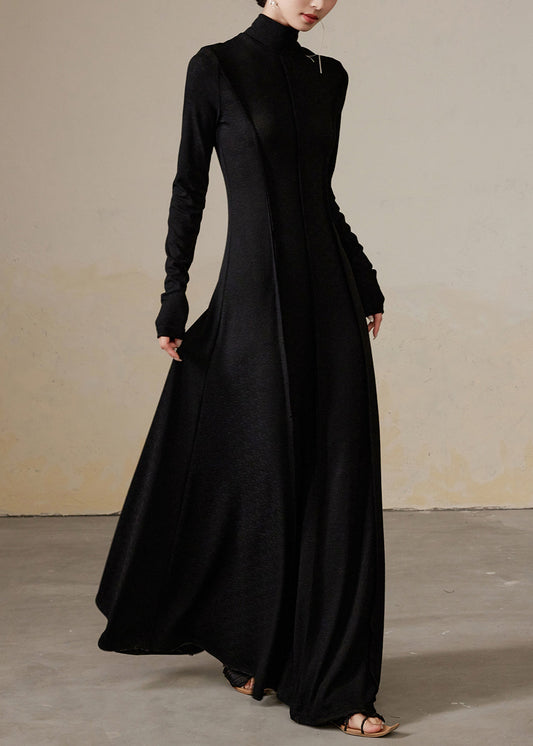 Black Wrinkled Solid Cotton Long Dresses Turtleneck