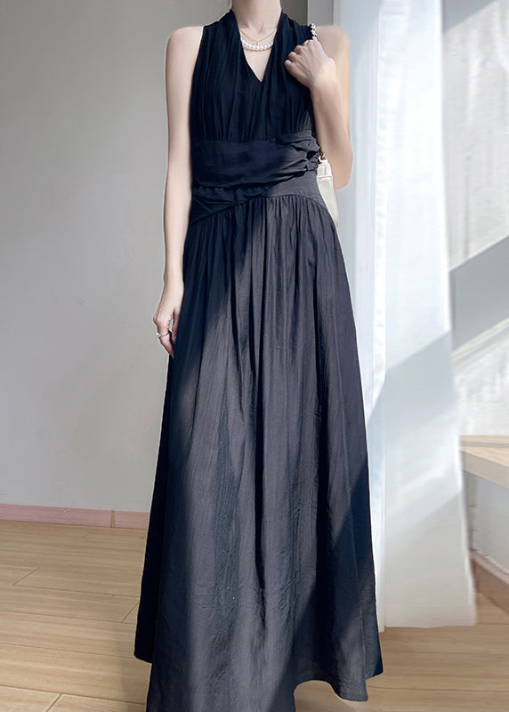 Black Wrinkled Solid Cotton Maxi Dresses V Neck Summer