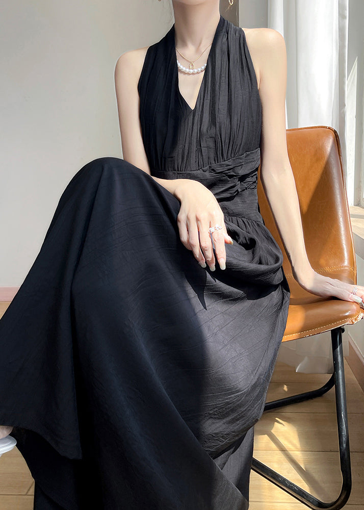Black Wrinkled Solid Cotton Maxi Dresses V Neck Summer