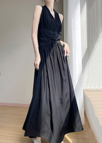 Black Wrinkled Solid Cotton Maxi Dresses V Neck Summer