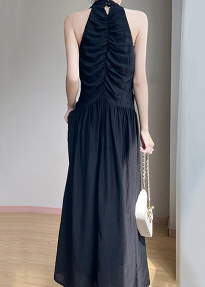 Black Wrinkled Solid Cotton Maxi Dresses V Neck Summer