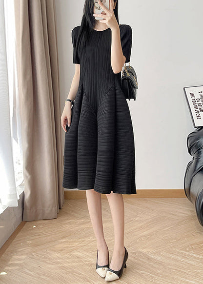 Black Wrinkled Solid Cotton Summer Dress O Neck