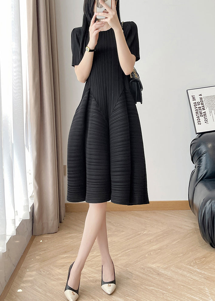 Black Wrinkled Solid Cotton Summer Dress O Neck