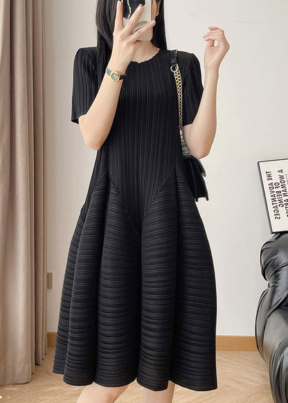 Black Wrinkled Solid Cotton Summer Dress O Neck