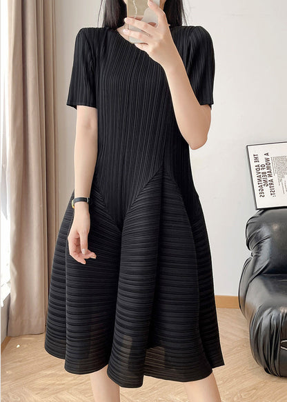 Black Wrinkled Solid Cotton Summer Dress O Neck