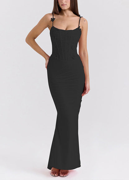 Black Wrinkled Tulle Spaghetti Strap Dresses Backless Summer