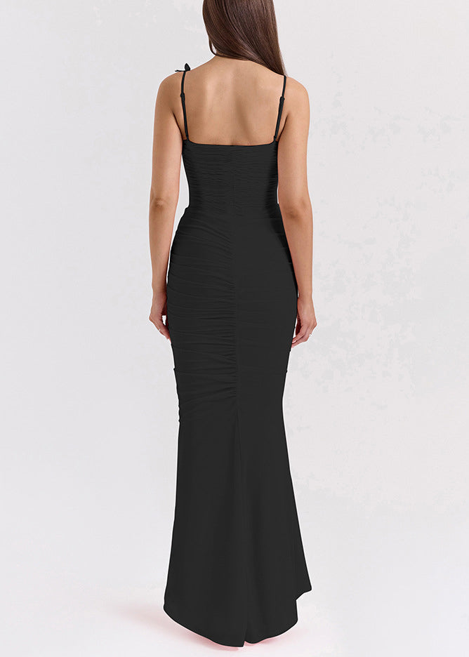 Black Wrinkled Tulle Spaghetti Strap Dresses Backless Summer