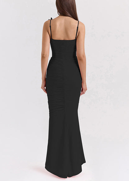 Black Wrinkled Tulle Spaghetti Strap Dresses Backless Summer
