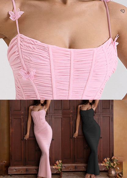 Black Wrinkled Tulle Spaghetti Strap Dresses Backless Summer