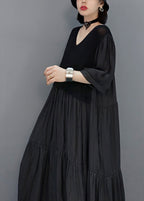 Black Wrinkled Vacation Long Dresses Half Sleeve