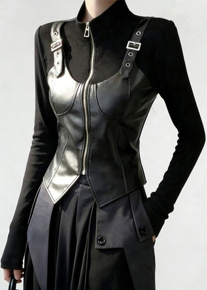 Black Zip Up Faux Leather Patchwork T Shirt Stand Collar Spring