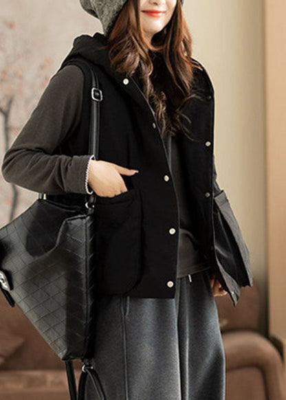Black Zippered Button Hooded Waistcoat Sleeveless