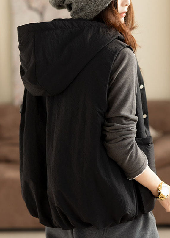 Black Zippered Button Hooded Waistcoat Sleeveless