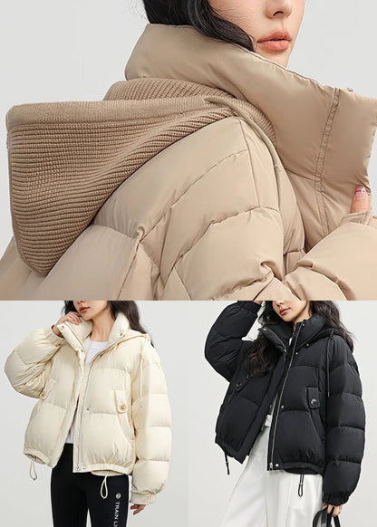 Black Zippered Drawstring Patchwork Duck Down Winter Down Coat Hooded