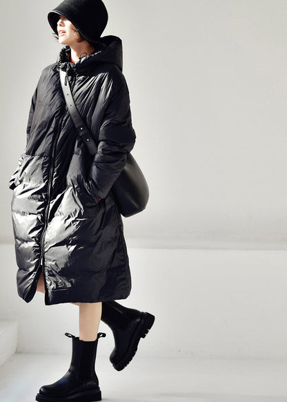 Black Zippered Long Hooded Velvet blend  Down Coat Winter