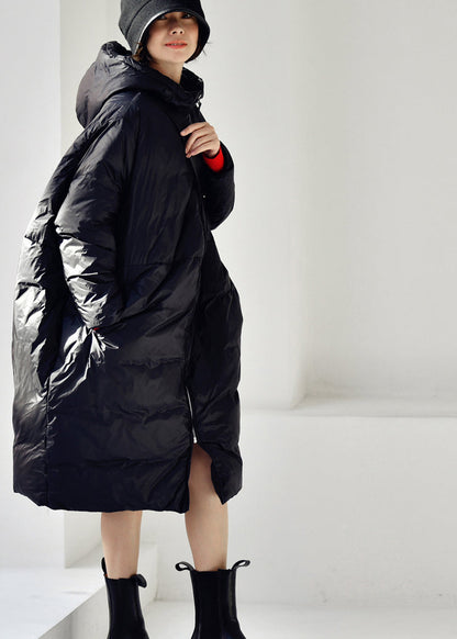Black Zippered Long Hooded Velvet blend  Down Coat Winter