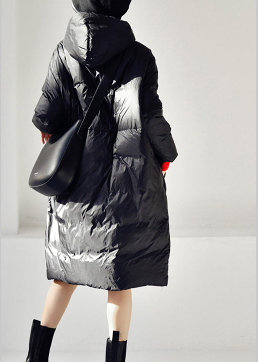 Black Zippered Long Hooded Velvet blend  Down Coat Winter