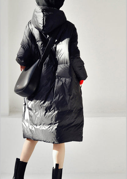 Black Zippered Long Hooded Velvet blend  Down Coat Winter