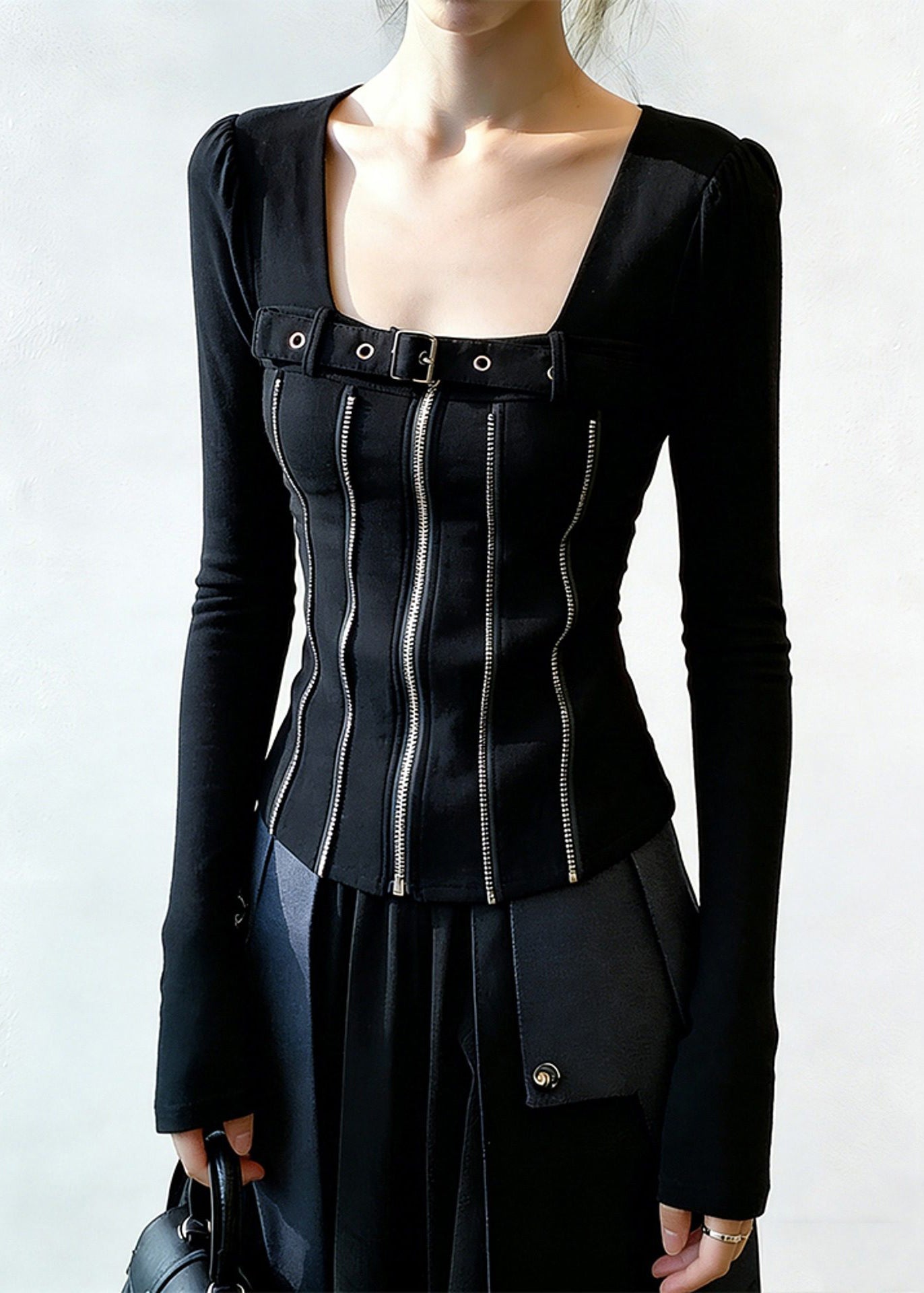 Black Zippered Patchwork Cotton T Shirt Square Collar Spring