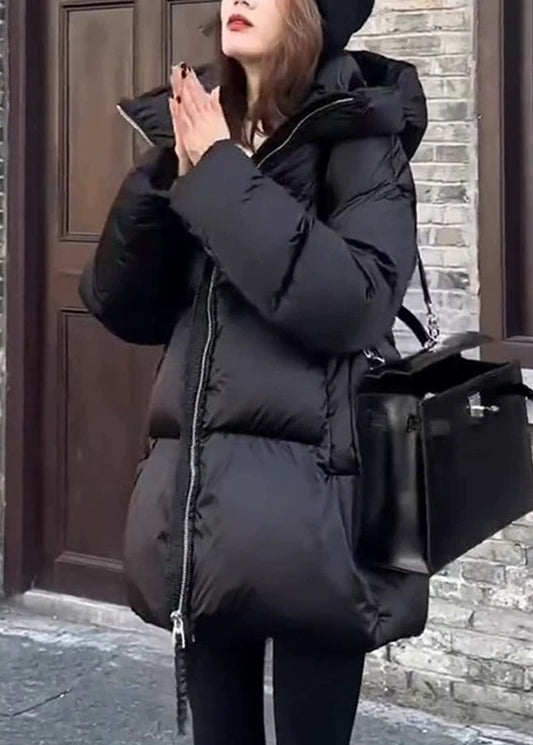 Black Zippered Patchwork Hooded Down Coats Lantern Sleeve