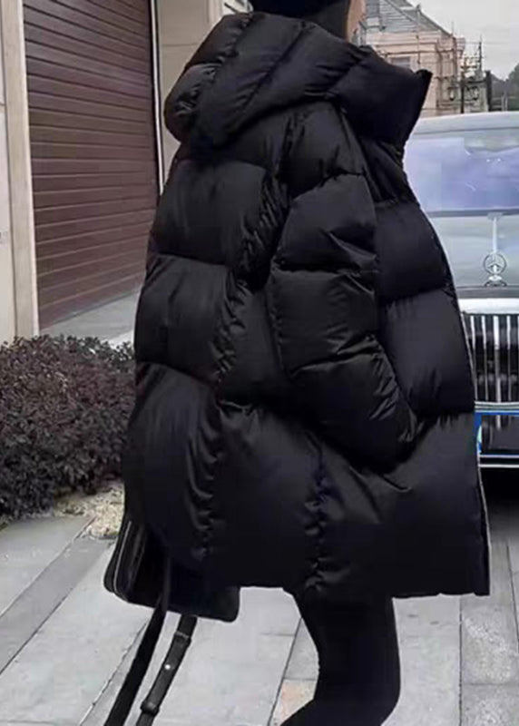 Black Zippered Patchwork Hooded Down Coats Lantern Sleeve