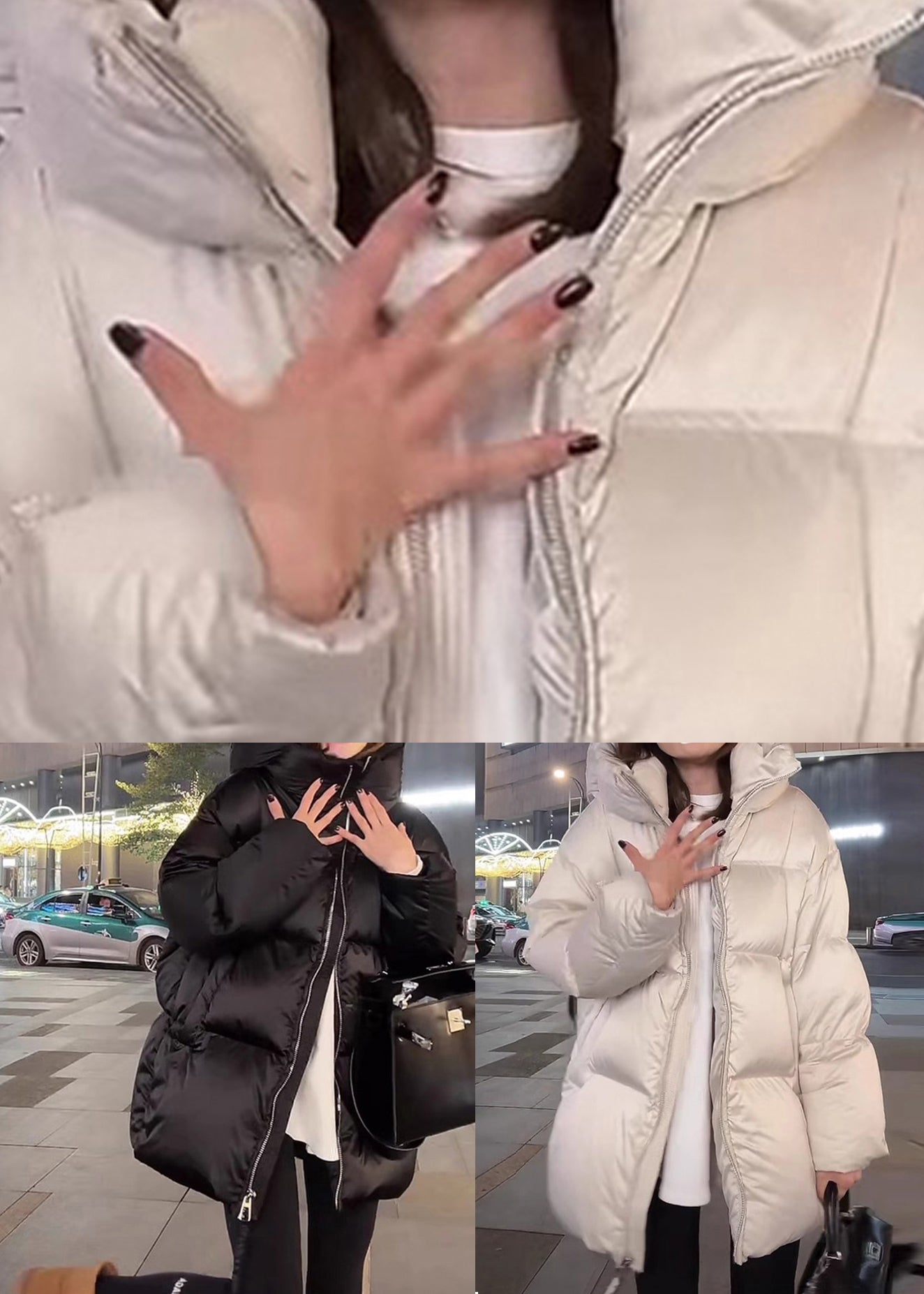 Black Zippered Patchwork Hooded Down Coats Lantern Sleeve