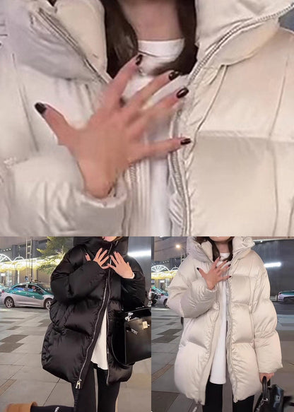 Black Zippered Patchwork Hooded Down Coats Lantern Sleeve