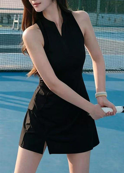 Black Zippered Patchwork Solid Tennis Dresses Sleeveless