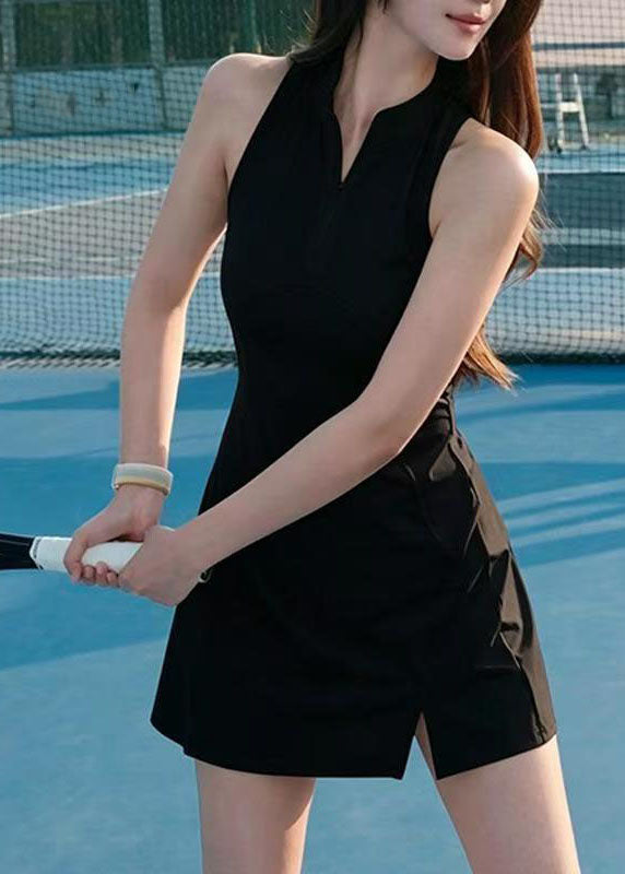 Black Zippered Patchwork Solid Tennis Dresses Sleeveless