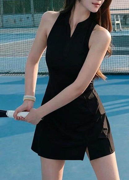 Black Zippered Patchwork Solid Tennis Dresses Sleeveless
