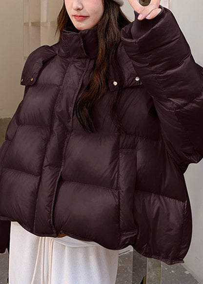 Black Zippered Pocket Oversized Duck Down Winter Puffer Coat Hooded