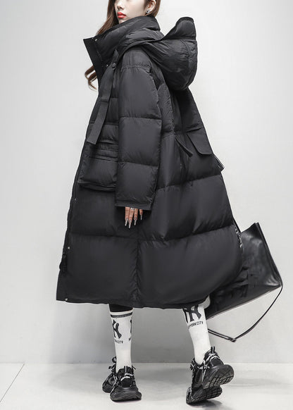 Black Zippered Pockets Duck Down Winter Down Long Coat Hooded