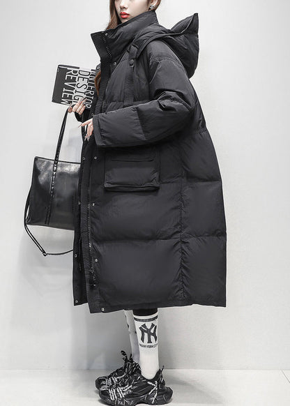 Black Zippered Pockets Duck Down Winter Down Long Coat Hooded