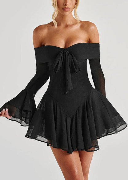 Black Zippered Solid Cotton Mid Dresses Slash Neck Spring