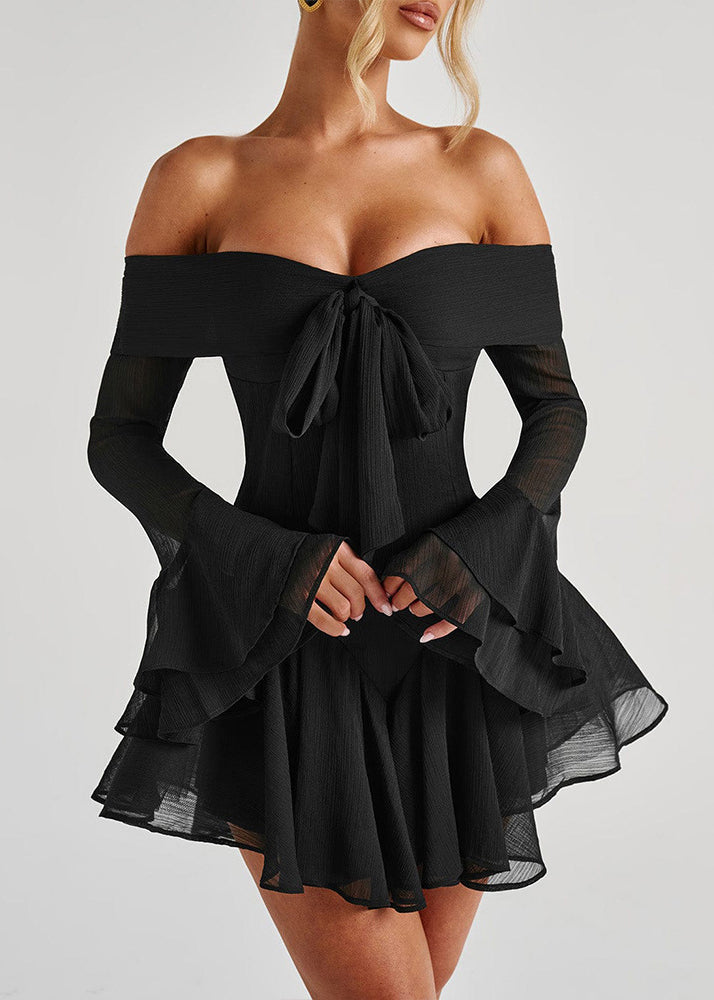 Black Zippered Solid Cotton Mid Dresses Slash Neck Spring