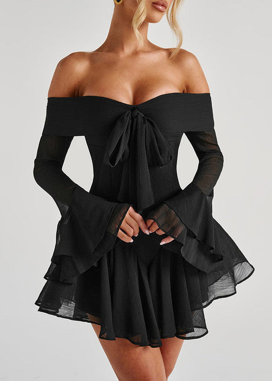 Black Zippered Solid Cotton Mid Dresses Slash Neck Spring