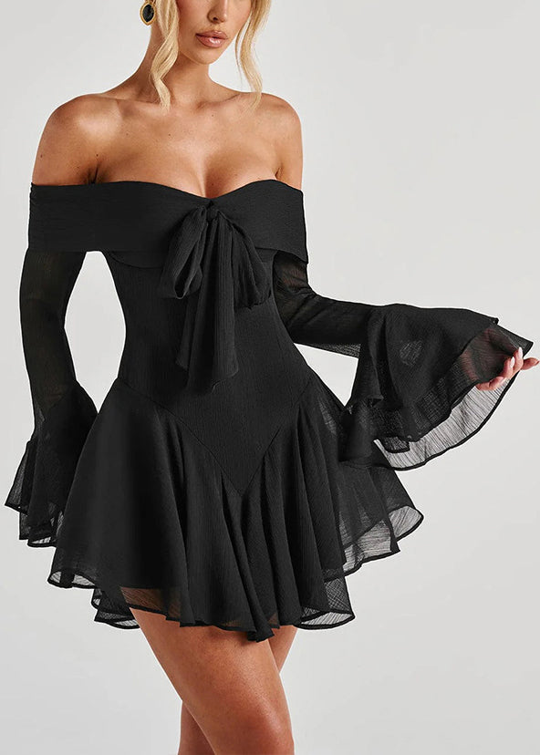 Black Zippered Solid Cotton Mid Dresses Slash Neck Spring