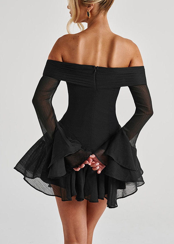 Black Zippered Solid Cotton Mid Dresses Slash Neck Spring