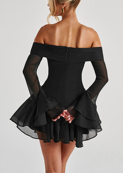 Black Zippered Solid Cotton Mid Dresses Slash Neck Spring