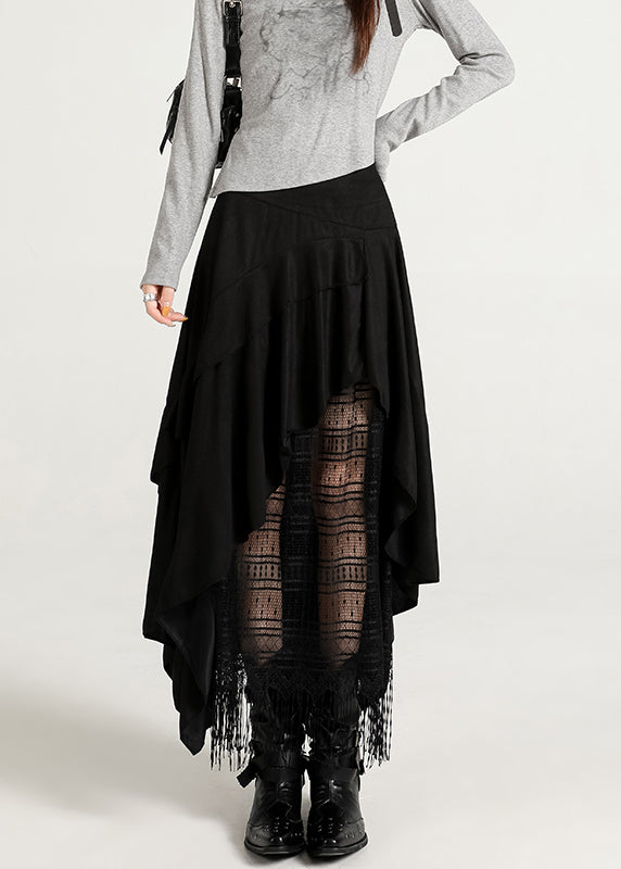 Black Zippered Tasseled Lace Faux Suede Skirts Asymmetrical