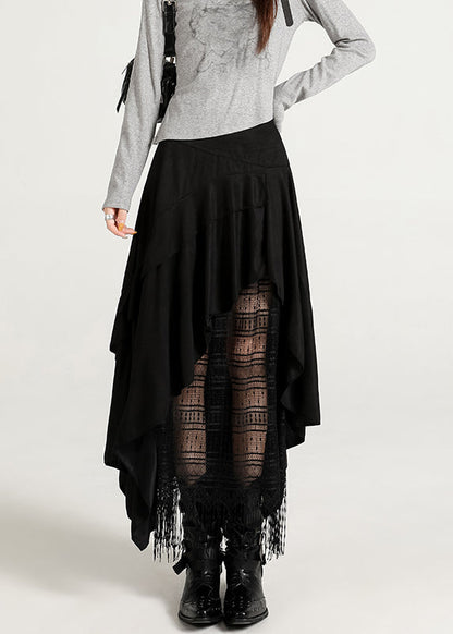 Black Zippered Tasseled Lace Faux Suede Skirts Asymmetrical