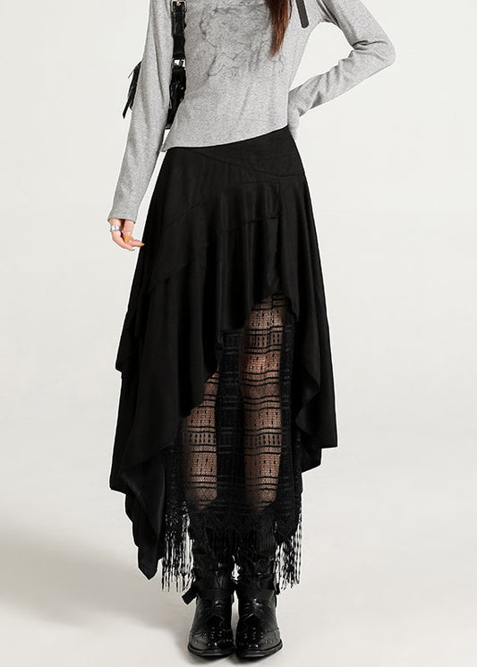Black Zippered Tasseled Lace Faux Suede Skirts Asymmetrical