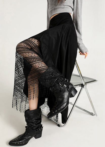 Black Zippered Tasseled Lace Faux Suede Skirts Asymmetrical
