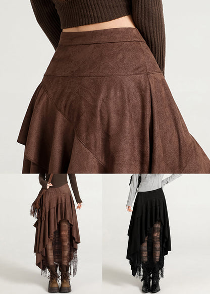 Black Zippered Tasseled Lace Faux Suede Skirts Asymmetrical