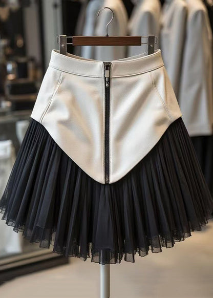 Black Zippered Tulle Patchwork Faux Leather Skirts Wrinkled