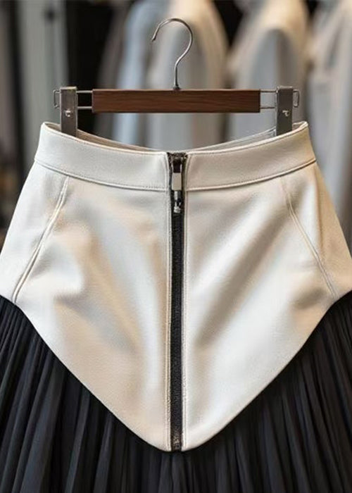 Black Zippered Tulle Patchwork Faux Leather Skirts Wrinkled