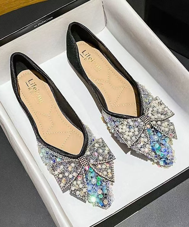 Black Zircon Flat Feet Shoes Pointed Toe Handmade Splicing Bow